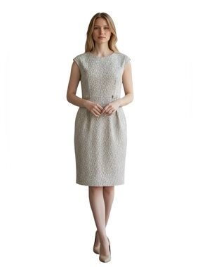 connected apparel Taupe Cream Cap-Sleeve Sheath Dress with Belt Loops